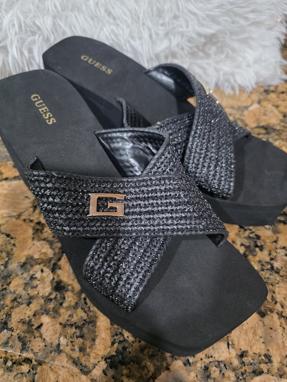 GUESS Women’s Black Crisscross Slide Sandals